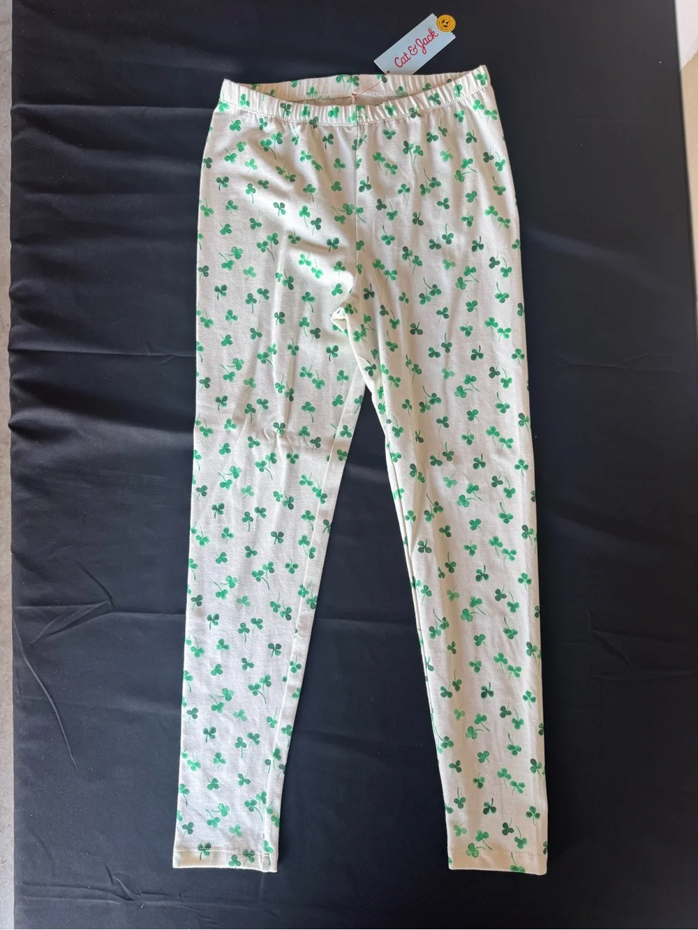 NWT Cat & Jack Girls Cream Green Shamrock Clover Print Leggings Size XL (14)